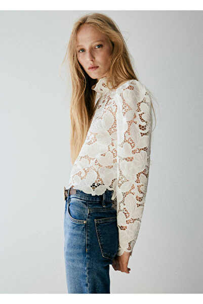 MANGO Woman Guipure lace blouse with a mao collar