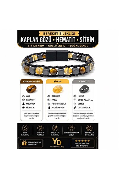 YILDIZ DOĞAL TAŞ Sertifikalı Bereket Doğal Taş 6mm Bileklik Sitrin Kaplan Göz...