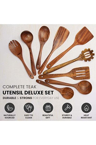 Arabest 9-Piece Teak Wooden Utensils for Cooking,Smooth Finish Natural Teak U...
