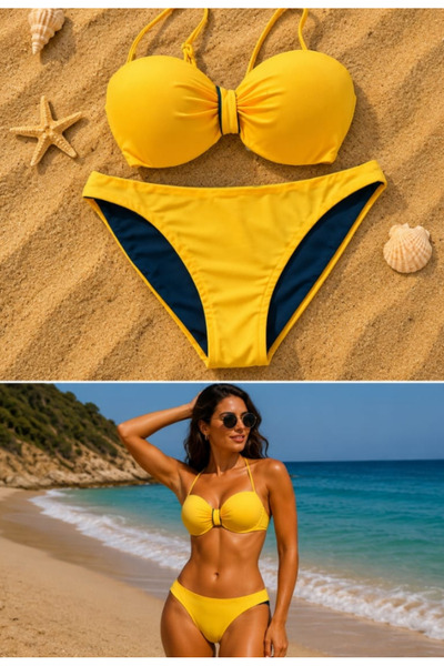 Nobrand Costum de baie damă 2 piese cu sutien push-up și slip clasic, galben ...