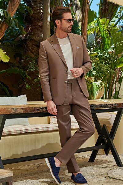 İmza Brown Mono Collar Linen 6 Drop Slim Fit Half Lining 100% Linen Suit 1001...