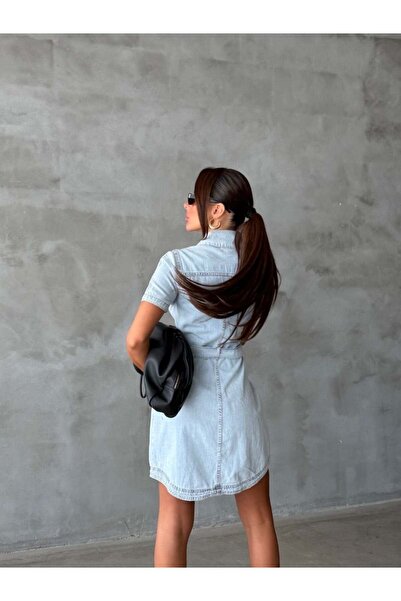 HerTon Women Short Sleeve Belted Shirt Collar Sporty Chic Mini Denim Dress