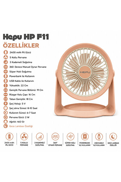 HEPU HP F06 Masa Üstü Şarjlı Vantilatör Hızlı Soğutma 2400 mAh Led Aydınlatma...