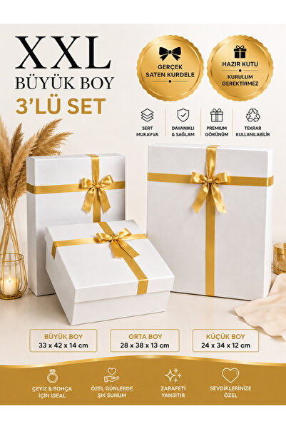 SİMGE KUTU 3'lü XXL Beyaz Hediye Kutusu - Gerçek Saten Kurdeleli Sert Mukavva...