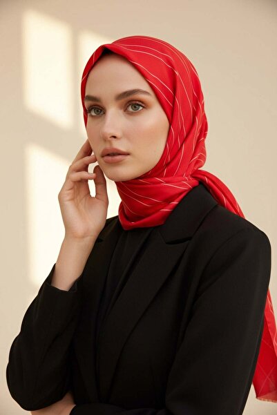 Vissona %100 Saf İpek Şal İnce Saten Vual Dokuma Çizgili Desenli 90x210 Şal