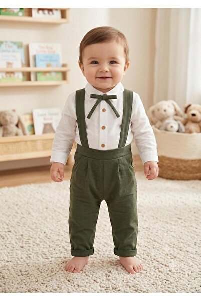 Efemkids 6/24 ay erkek bebek 3'lü erkek bebek takım salopetli ip papyonlu beb...
