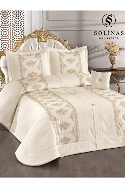 Solinas Collection Velora Krem – Vizon Dantelli Çift Kişilik Çeyizlik Yatak Ö...