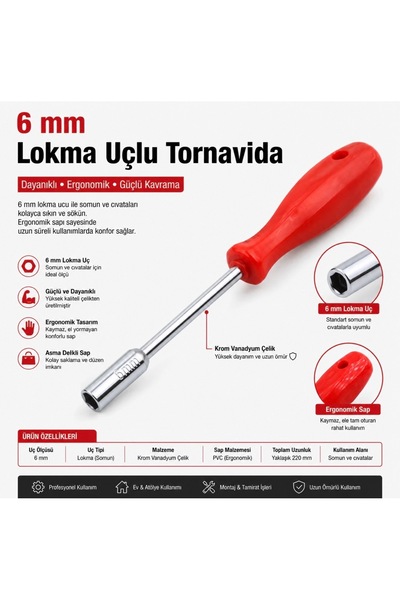 AZM TOOLS 6 mm Lokma Uçlu Tornavida Altıgen Köşeli Plastik Saplı 6 mm