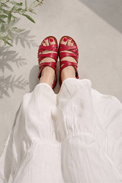 İNZE AYAKKABI Red Multi-Strapped Genuine Leather Sandals-model: Carnation