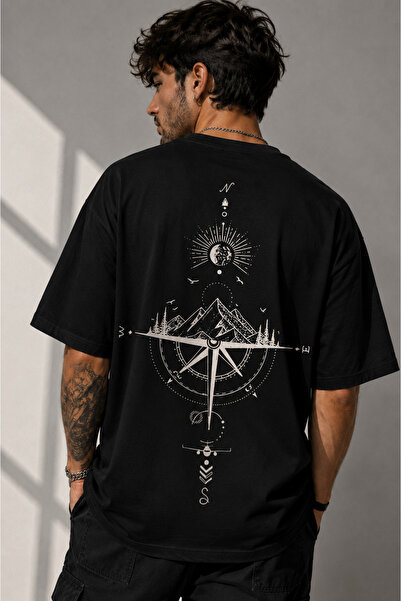 Clothify Unisex Large Size Back Printed Compass Printed 100% Cotton a Oversiz...