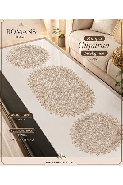 Romans Güpür Sehpa Takımı 3 Parça (40x70 cm Oval Runner + 2 Adet 40 cm Yuvarl...
