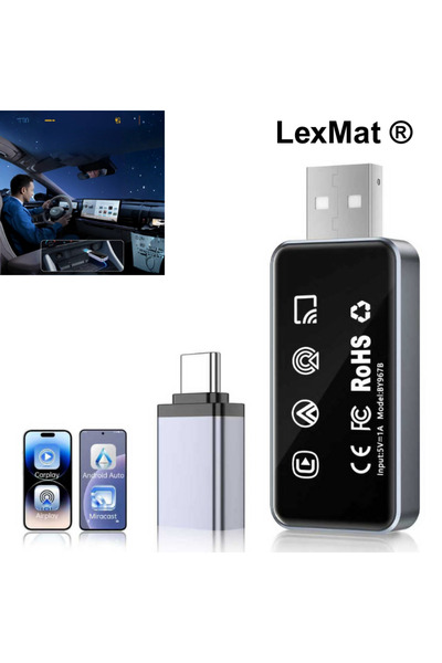 LexMat Adaptor auto wireless 4-în-1, CarPlay, Android Auto, AirPlay, Miracast...