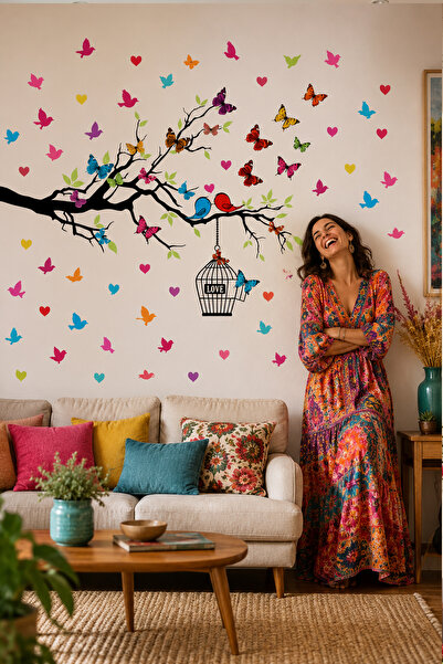 Kt Grup Aşık Kuşlar 132x99 Cm Salon Ve Oturma Odası Modern Duvar Sticker Seti