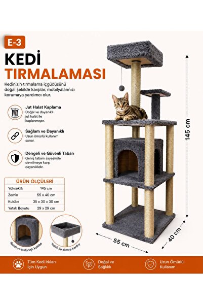 Dumanpet E3 Büyük Kedi Oyun Evi & Tırmalama Tahtası Gri