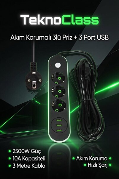 TeknoClass Akım Korumalı 3'lü Grup Priz Ve 3'lü Usb Şarj Aleti 2500 Watt