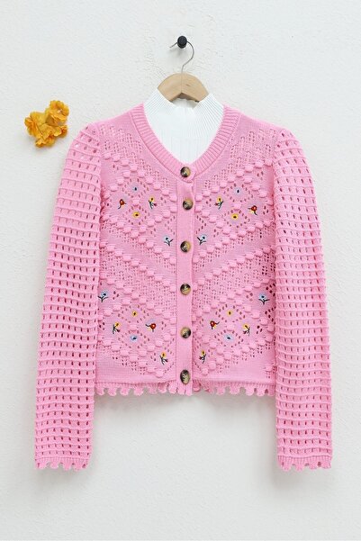 Modamorfo Floral Embroidered Pompom Openwork Sweater Cardigan