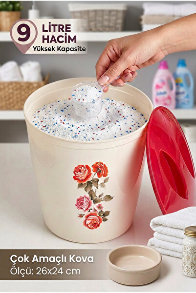 Özmet Desenli Kapaklı Çok Amaçlı Kova Deterjan Kovası Mandal Kovası Kedi Mama...