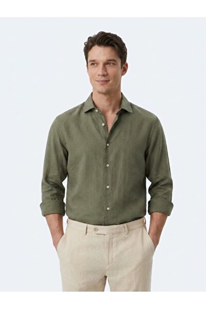 Kip Khaki Regular Fit Long Woven Casual Cotton Blend Shirt