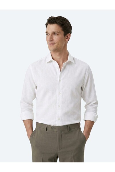 Kip White Regular Fit Long Woven Casual Cotton Blend Shirt