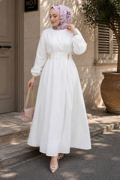 Tesettür Dünyası Double Buckle Pencil Dress Tsd260243 White