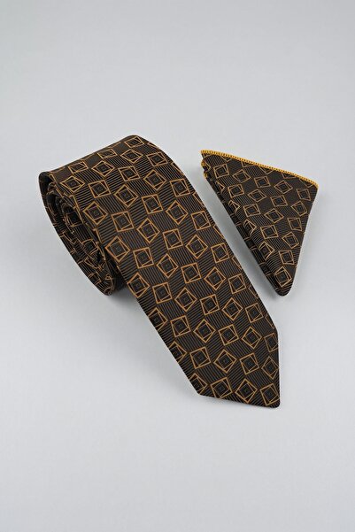 Milleniva Geometric Patterned Brown Tie & Handkerchief