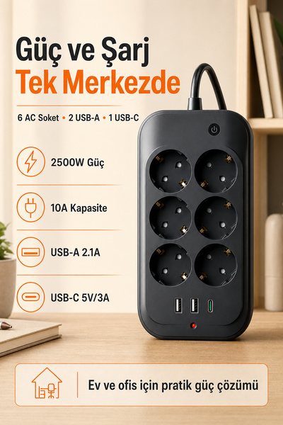 Light Nova Çoklu 6'lı Priz Akım Korumalı USB 2500 Watt 2 Metre Uzatma Kablosu...