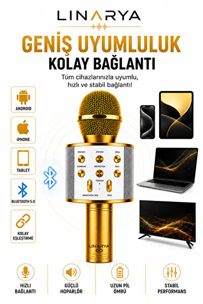 linarya Bluetooth Karaoke Mikrofonu Kablosuz Taşınabilir Hoparlörlü Mikrofon Echo Efektli Android & iPhone Uyumlu