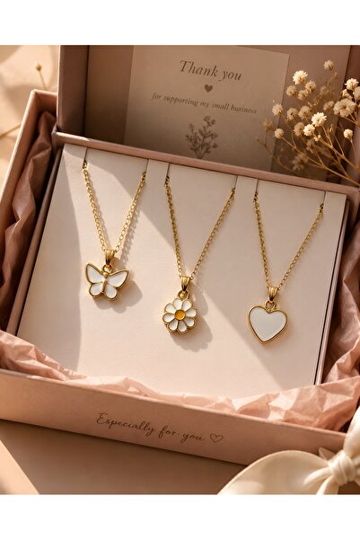 Madam Bikan Gold Renk 3 Lü Minimal Beyaz Kelebek Papatya Kalp Kombin Set Kolye