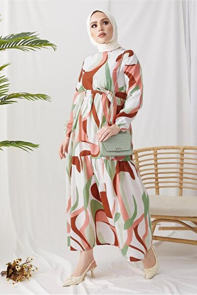 TRENDTESETTÜR WOMEN'S GREEN (MINT) PATTERNED CUFFS RUBBER DRESS T 024