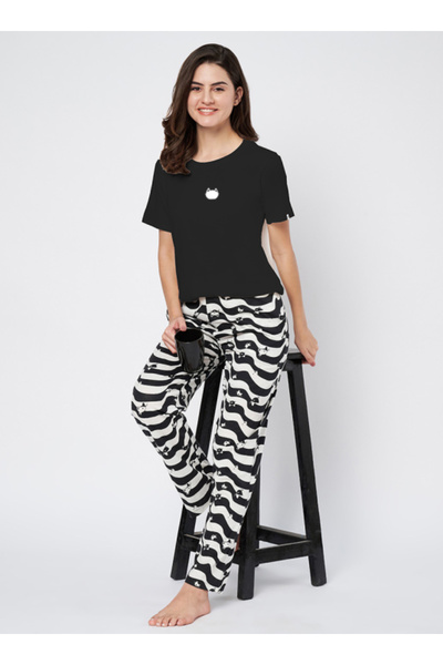 ParisBeauty BLACK TIDE PRINTED PYJAMA WITH BLACK T-SHIRT SET - BLACK TIDE + B...