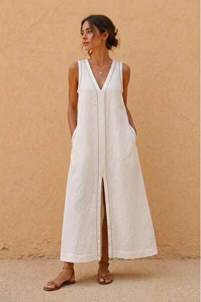 JOJOMIA Nina Keten ve TENCEL™ Uzun Elbise Krem