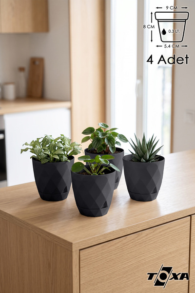 ToXA 4 Adet 0.30lt Ø9x8cm Mini Boy Parlak Geometrik Dekoratif Plastik Saksı N...