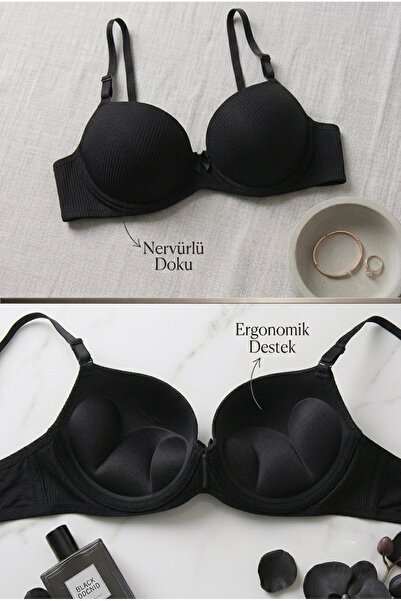 Lavint Homewear Black Ultra Push-Up Striped Supportive Underwire Silicone Bra