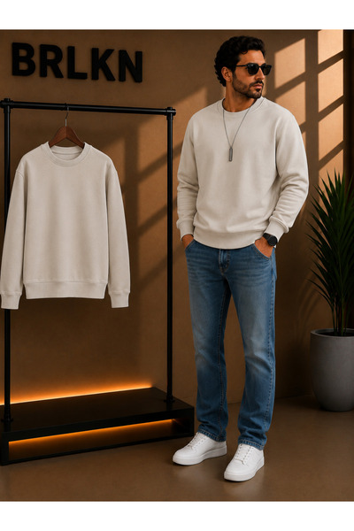 BRLKN Beige Crew Neck Oversize Raster Basic Men's Sweatshirt Tr4477