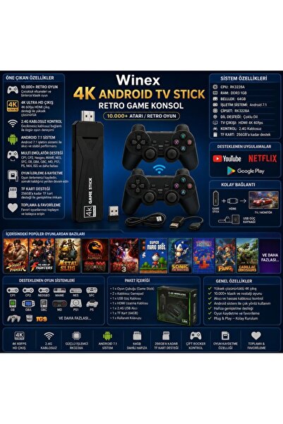 Genel Markalar Winex 4K Android TV Stick ve Retro Game Konsol 10000 Atari Makinası Oyunlu 64GB Siyah