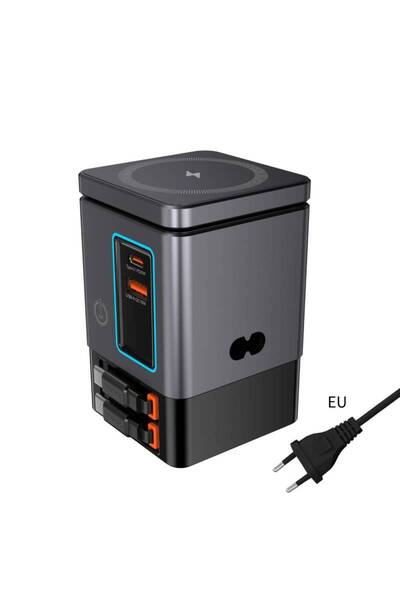 Choice محطة شحن 6 في 1 بمقبس الاتحاد الأوروبي مع كابل USB-C قابل للسحب، برج ط...