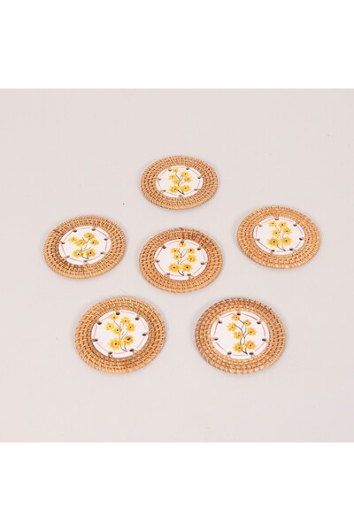 Mylamp Papatya 6-Piece Natural Rattan and Handmade Ceramic Coasters
