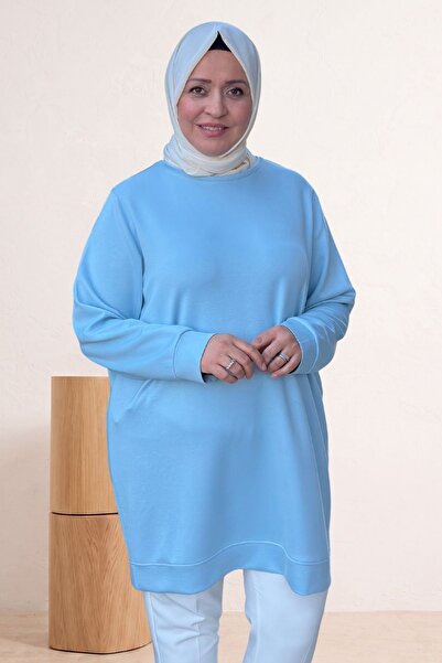 Eslina 68052 Büyük Beden Kendi Kumaşından Ribanalı Modal Tunik - Bebe Mavi