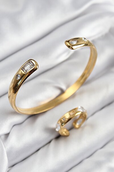 Inure Jewelry طقم خاتم سوار من حجر الزركون النحاسي موديل ذهبي اللون