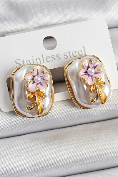 Inure Jewelry أقراط نسائية من النحاس الأبيض المينا واللؤلؤ بتصميم زهرة فنية و...