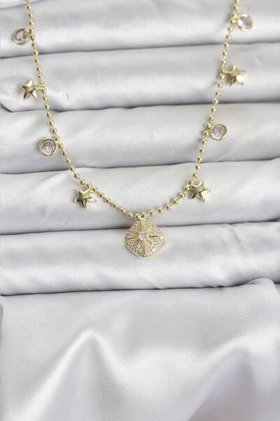 Inure Jewelry قلادة نسائية من النحاس بلون ذهبي مرصعة بحجر الزركون على شكل نجم...