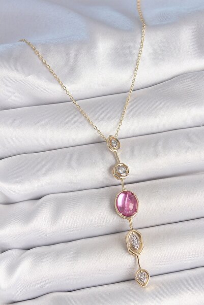Inure Jewelry سلسلة نحاسية ذهبية اللون وردي حجر الزركون Y قلادة