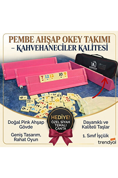 kahvehaneciler Pembe Ahşap Okey Takımı Kalın Melamin Taş Taşıma Çantalı