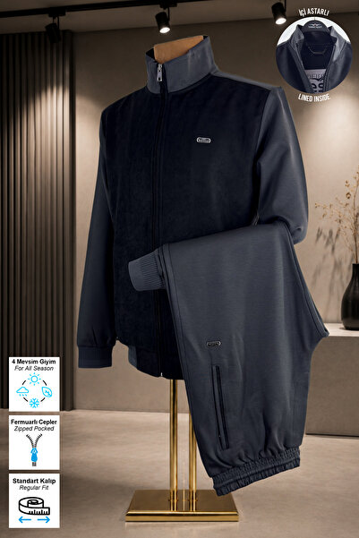 BESSA Smoked Suede Detailed Tracksuit Set with Stand Collar, Standard Fit, Zi...