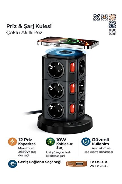 ÇELİKWORK Kule Tipi 3xUSB, 12'li Akım Korumalı Priz, Soket 10Watt Wireless Ka...