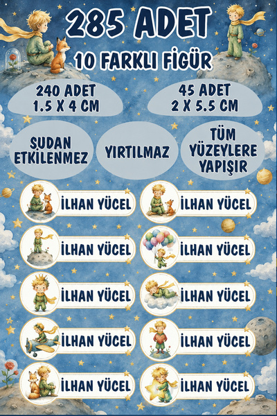 KT Decor Okul Kalem Defter Etiketi Küçük Prens ve Tilki Özel Isimli Etiket 10...