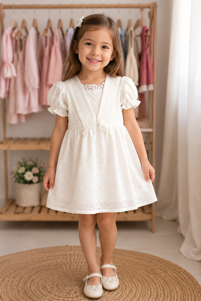 Generic Brand White Eyelet Embroidery Short Sleeve Collar Detail Girl's Dress