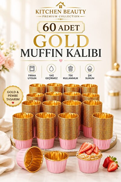 Kitchen Beauty 60'lı Kraft Muffin Cupcake Kalıbı Pembe Gold Kek Kapsülü Natur...