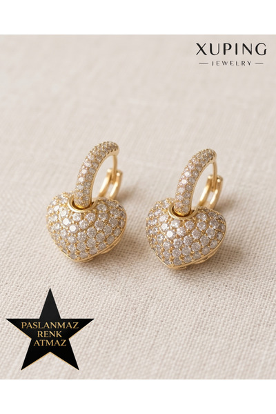 XUPING JEWELRY Xuping 14K Altın Renginde Zirkon Taşlı Sallanan Kalp Kararmaz ...