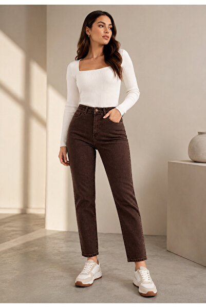 DELDNM Zera női prémium barna magas derekú Lycra Trend Mom Jean